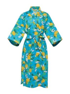 Anthropologie PRINTFRESH Blue Lemon Zest Organic Cotton Kimono Robe 4X